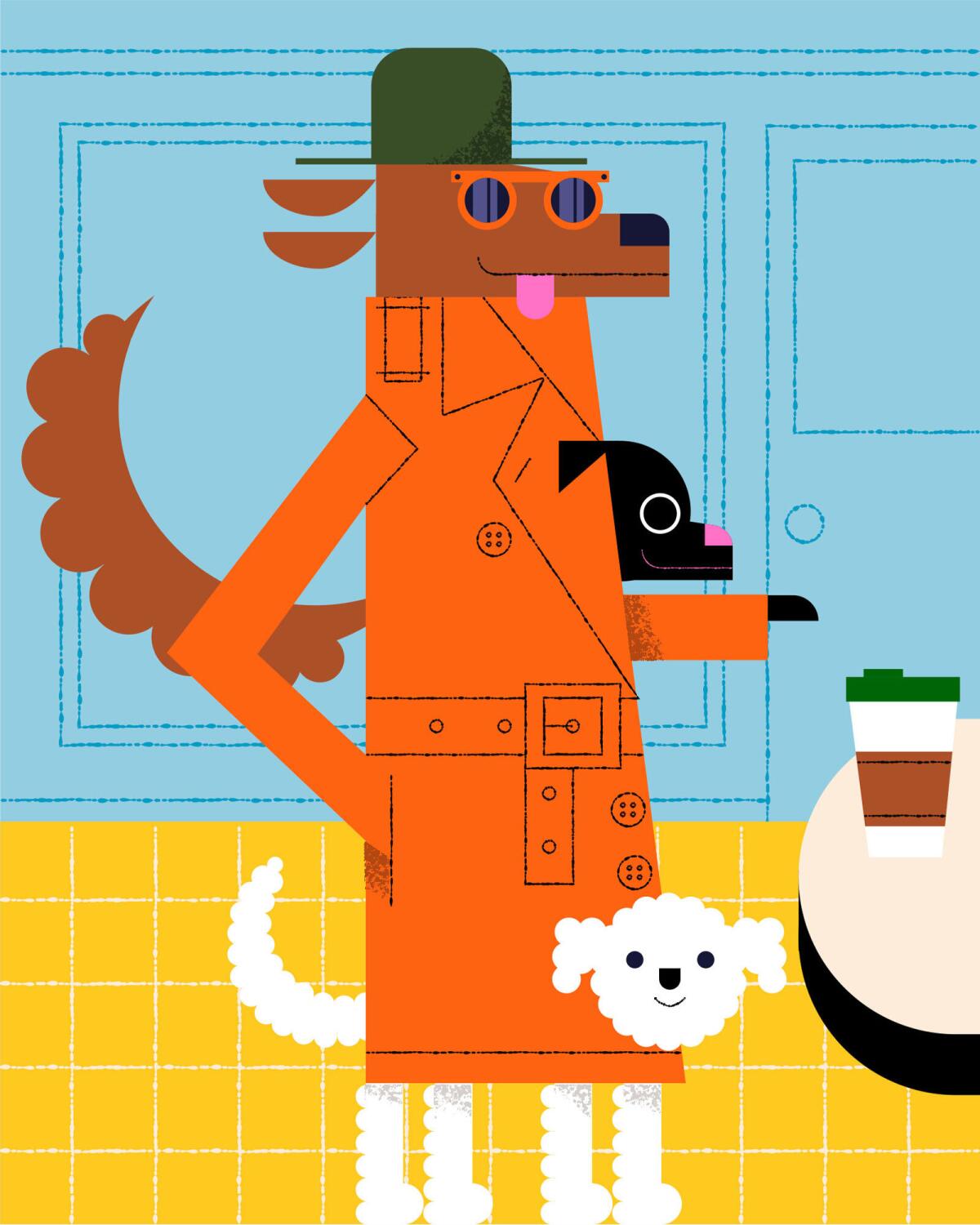 Illustration of a dog wearing sunglasses and a trenchcoat. 