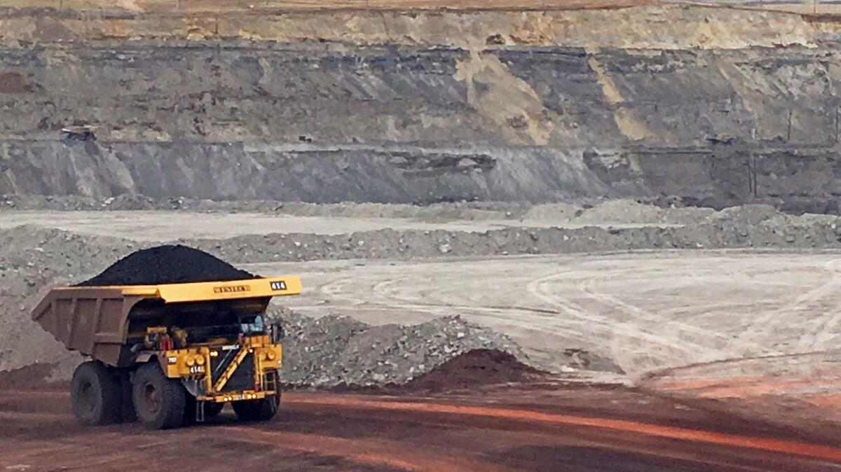 A dump truck hauls coal at Contura Energy's Eagle Butte Mine near Gillette, Wyo. on March 28.