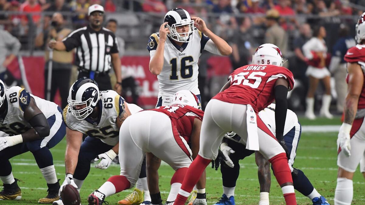 Rams quarterback Jared Goff gestures during the first half against the Arizona Cardinals at the University of Phoenix Stadium.