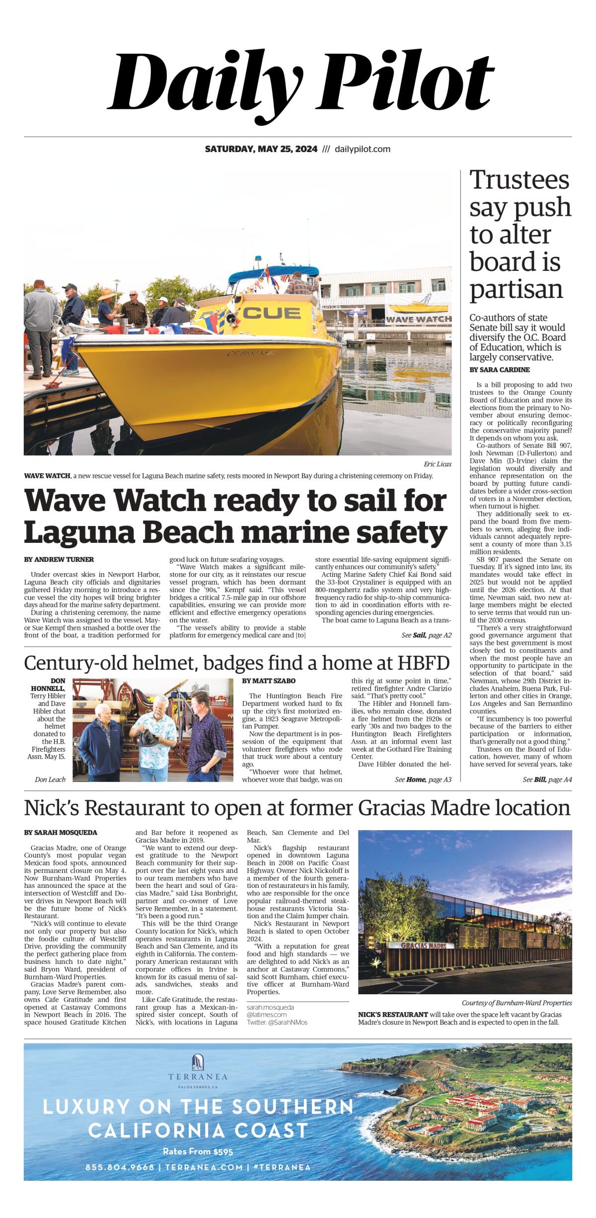 Front page of the Daily Pilot e-newspaper for Saturday, May 25, 2024.