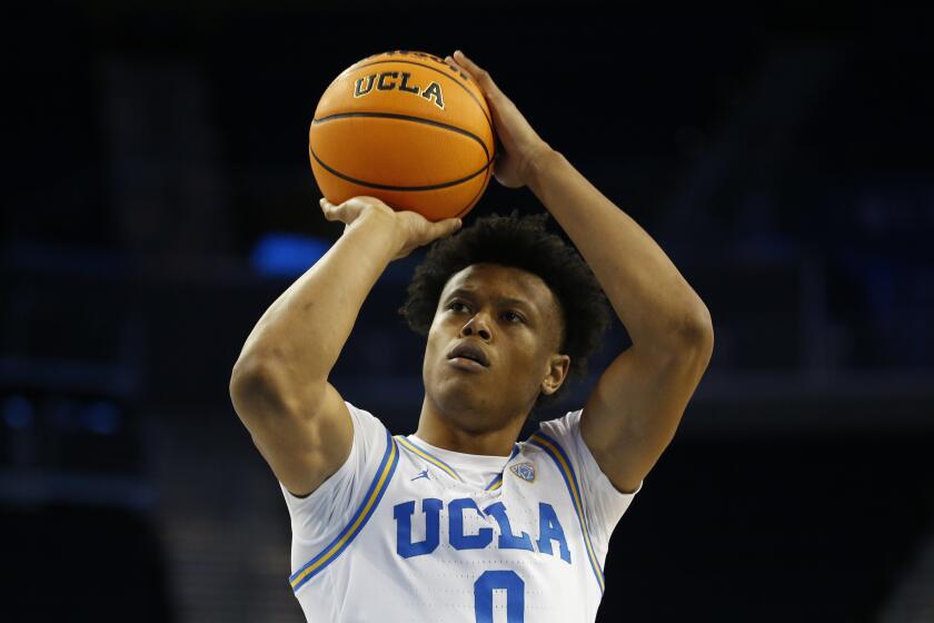 UCLA guard Jaylen Clark (0) shoots free throw during an NCAA college basketball.
