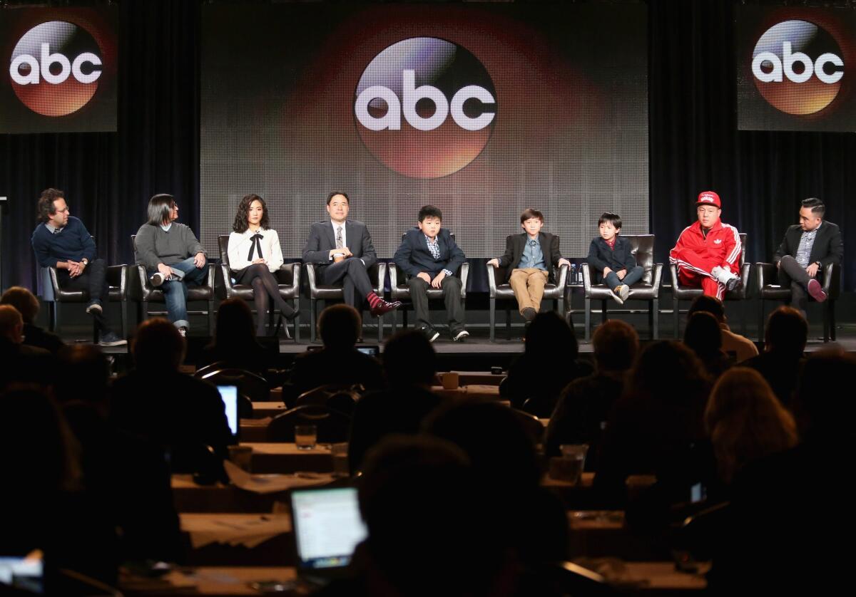 Executive producer Jake Kasdan, left, writer/executive producer Nahnatchka Khan, actors Constance Wu, Randall Park, Hudson Yang, Forrest Wheeler, Ian Chen, producer Eddie Huang and executive producer Melvin Mar appear during the "Fresh Off the Boat" panel at the Television Critics Assn. press tour at the Langham Hotel on Jan. 14 in Pasadena.