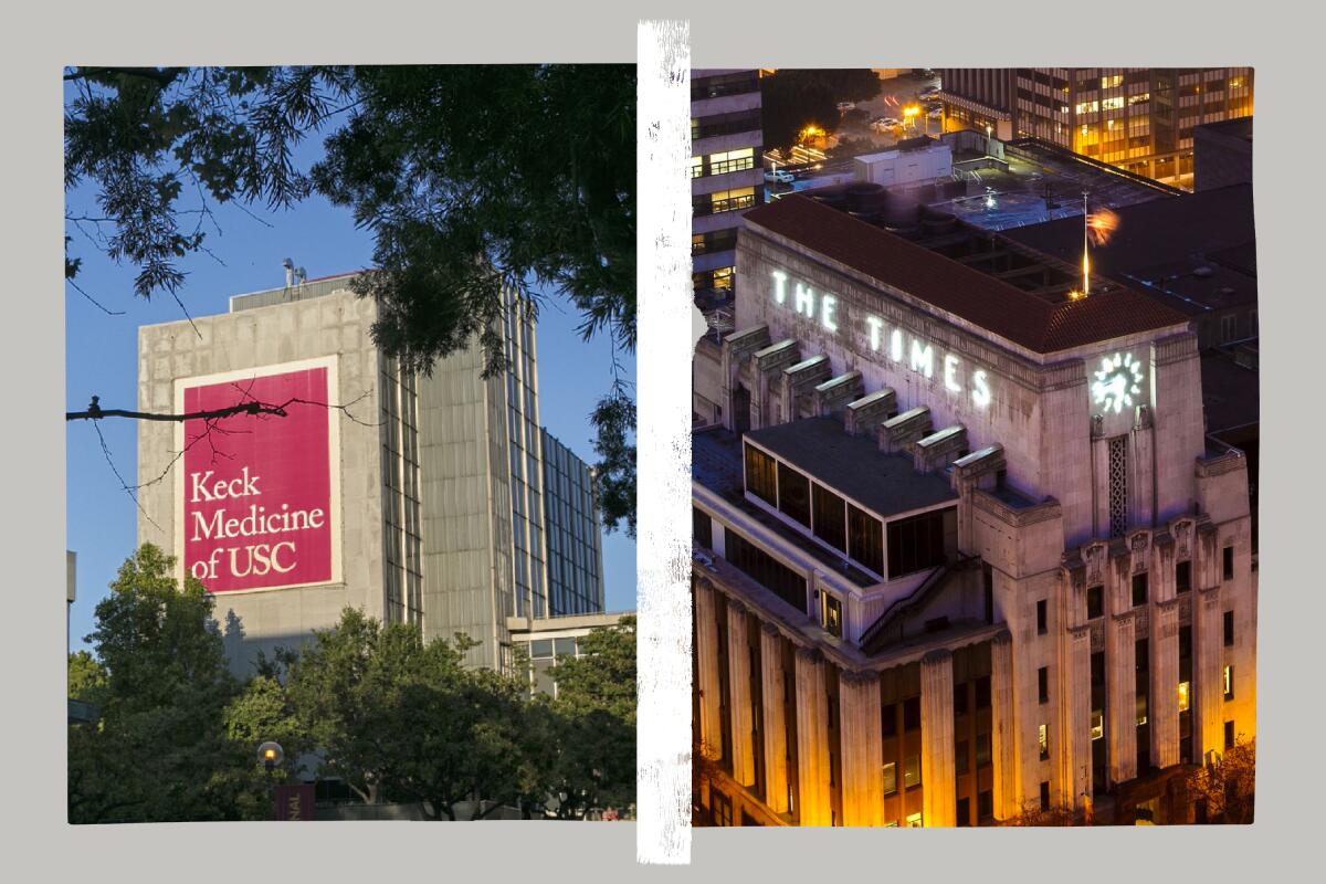 photos of the Keck Medicine of USC building and The Times former building downtown separated by a thick white paint stripe.