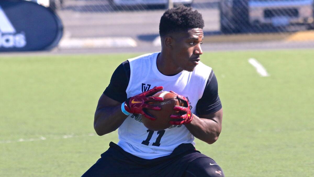 USC running back commit Melquise Stovall competes during a summer 7-on-7 tournament at Orange Coast College.
