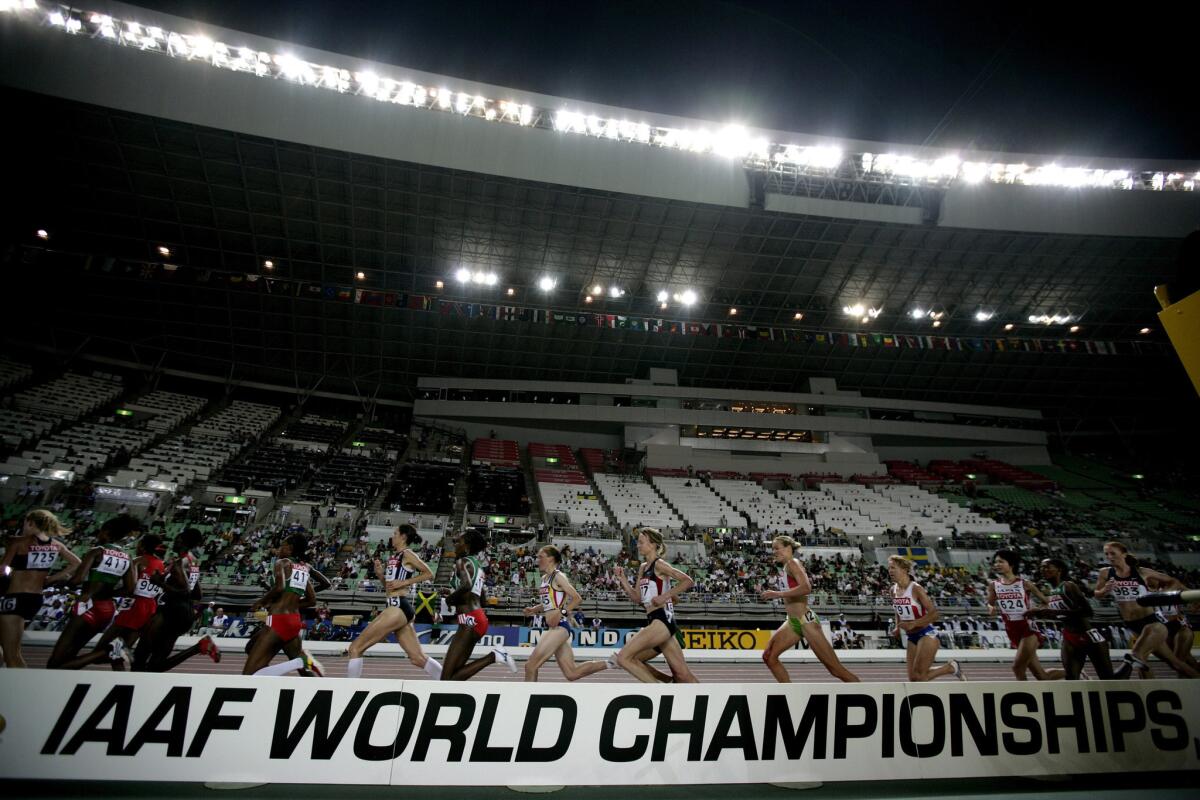 A pack of runners is seen during the women's 10,000-meter race at IAAF world championships at Osaka, Japan in 2007.