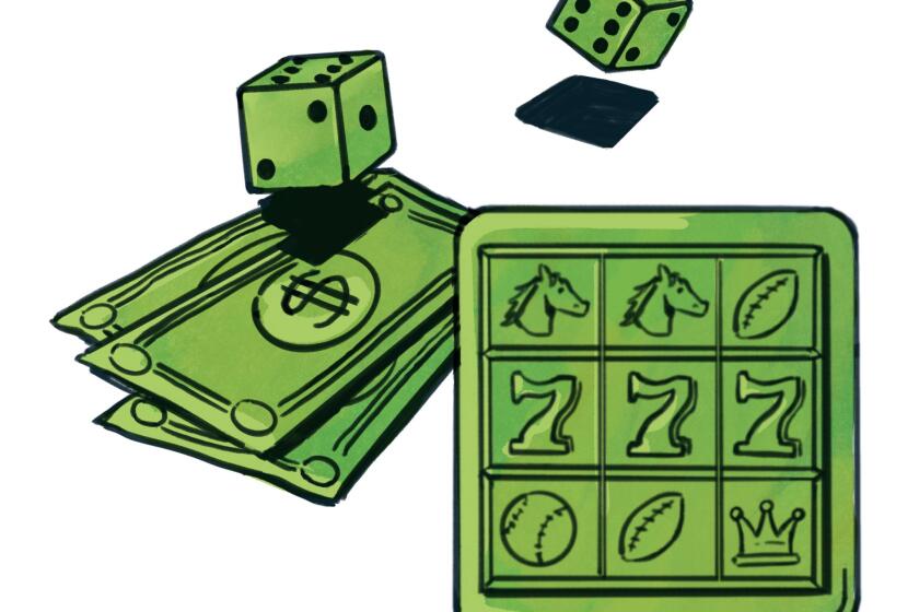 illustration of dice, cash, and a popup of a phone message displaying slot machine icons