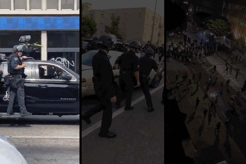 Animated collage of LAPD officers at protests