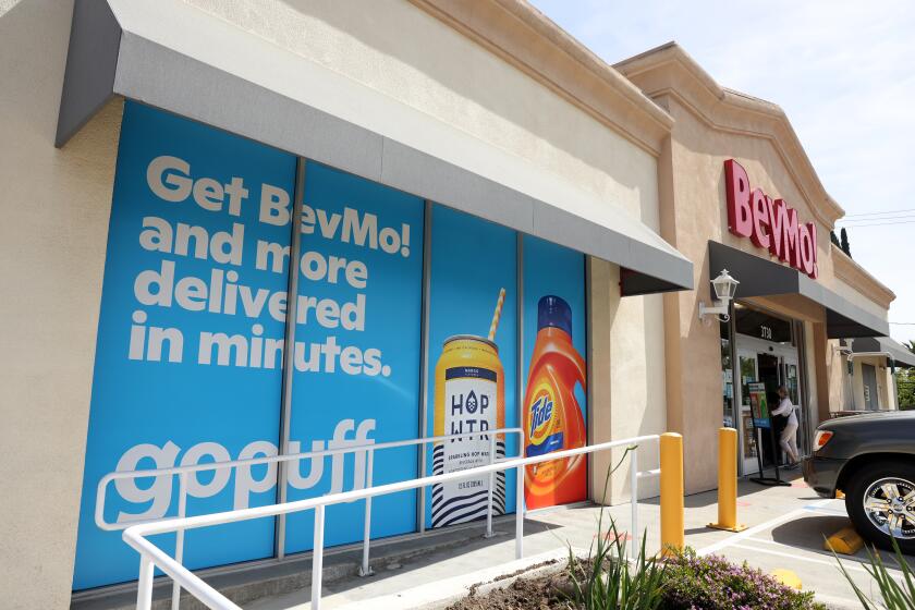 PASADENA, CA - MARCH 21: Gopuff signage is seen on the exterior of BevMo on Monday, March 21, 2022 in Pasadena, CA. Gopuff, the quick-delivery tech company bought BevMo is 2020. (Dania Maxwell / Los Angeles Times)