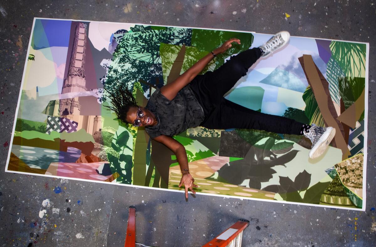 Artist Mickalene Thomas with artwork that will be at one of the stations on Metro’s Crenshaw/LAX Line set to open next year.