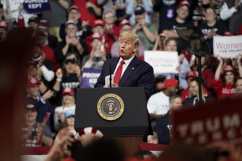 President Trump speaks at a rally at Southern New Hampshire University Arena