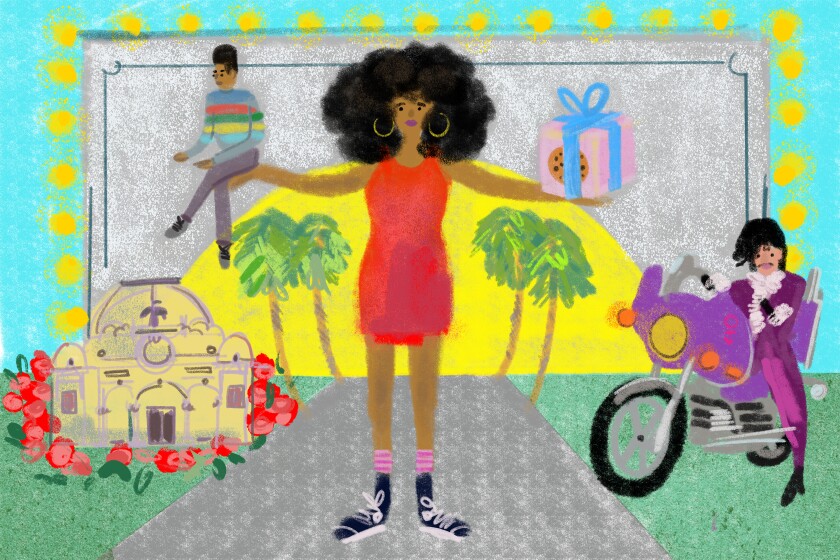A woman holds her date in one hand and a box of cookies in the other. Behind her is Exposition Park and Prince.
