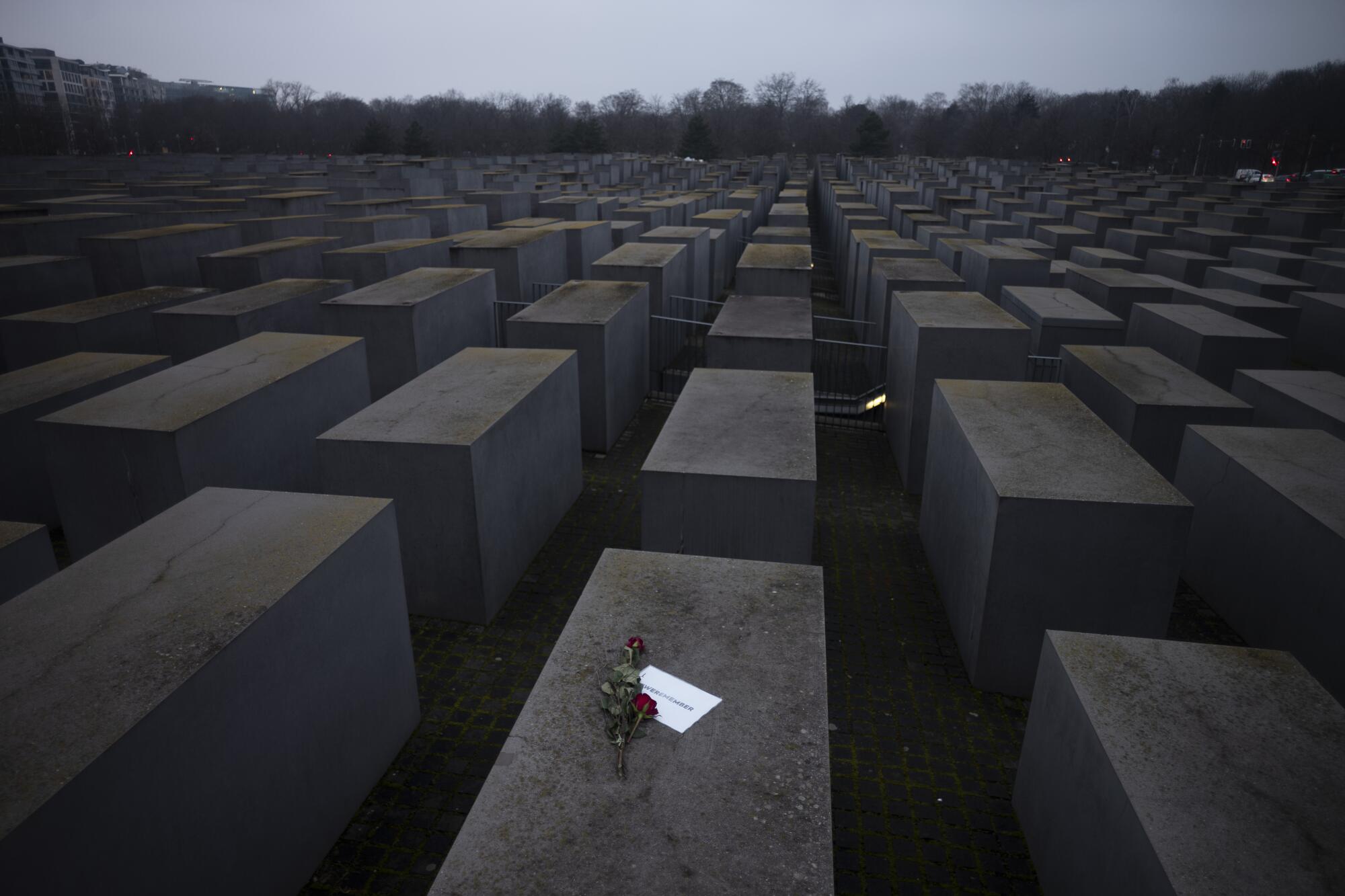 Roses with a note saying "#weremember" are placed on the Holocaust Memorial 