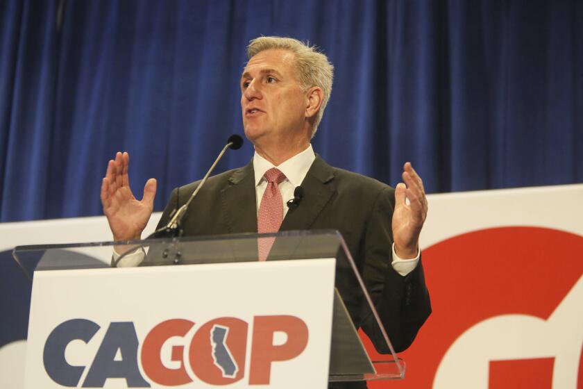 Speaker of the House Kevin McCarthy, R-Calif., speaks at the California GOP Organizing Convention in Sacramento, Calif., Saturday, March 11, 2023. (Juliana Yamada/San Francisco Chronicle via AP)