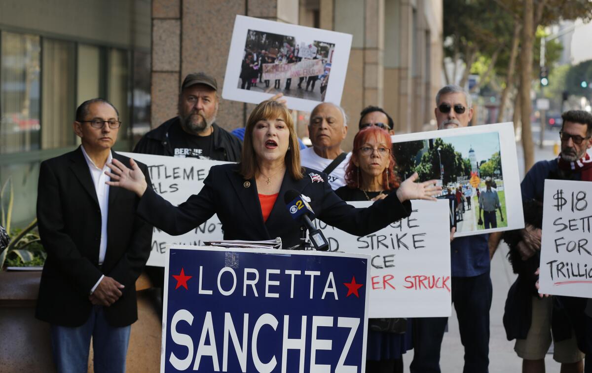 Senate candidate Loretta Sanchez speaks at a news conference to criticize the 2012 mortgage settlement made by Atty. Gen. Kamala Harris outside the Ronald Reagan State Building in Los Angeles on Oct. 26, 2016.