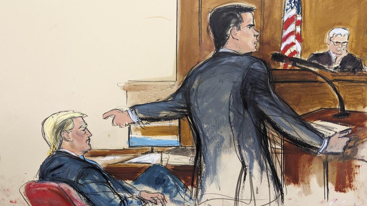 A courtroom sketch of Donald Trump seated as one of his attorneys speaks and points at him.