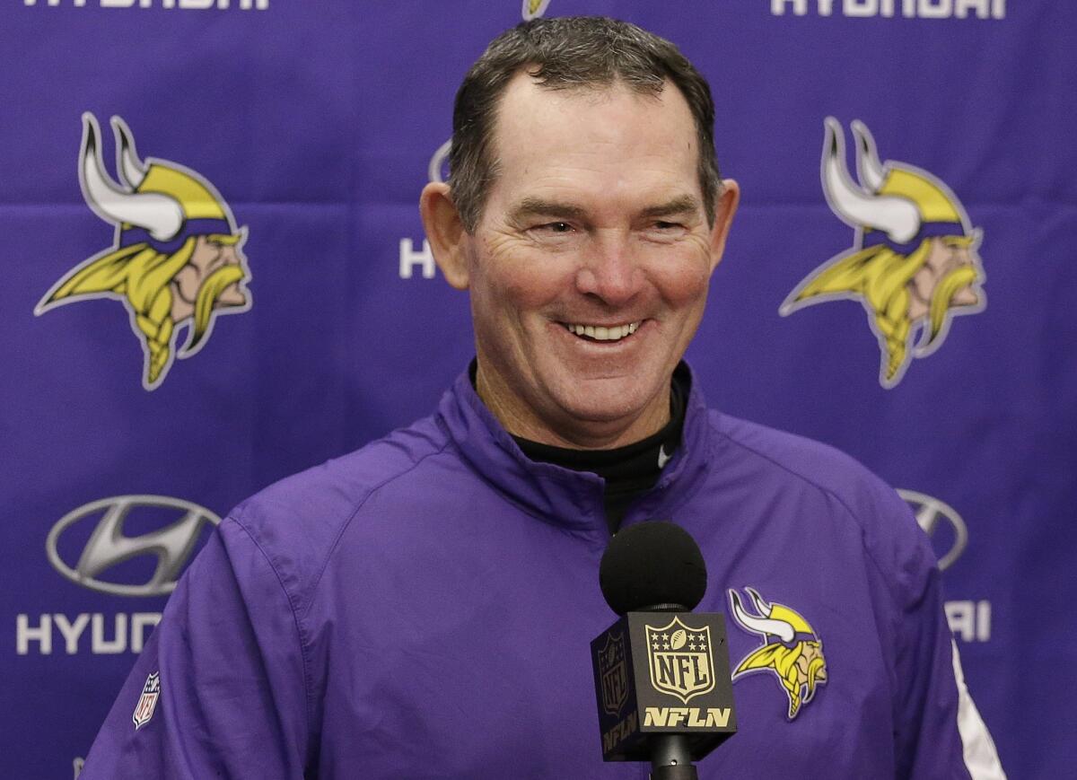 Minnesota Coach Mike Zimmer talks to reporters after the Vikings' 30-14 victory over Oakland on Nov. 15.