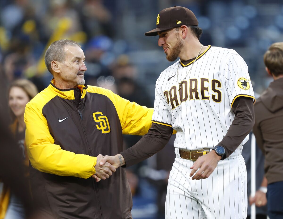 San Diego Padres pitcher Joe Musgrove was congratulated by Peter Seidler days after throwing no-hitter last year.