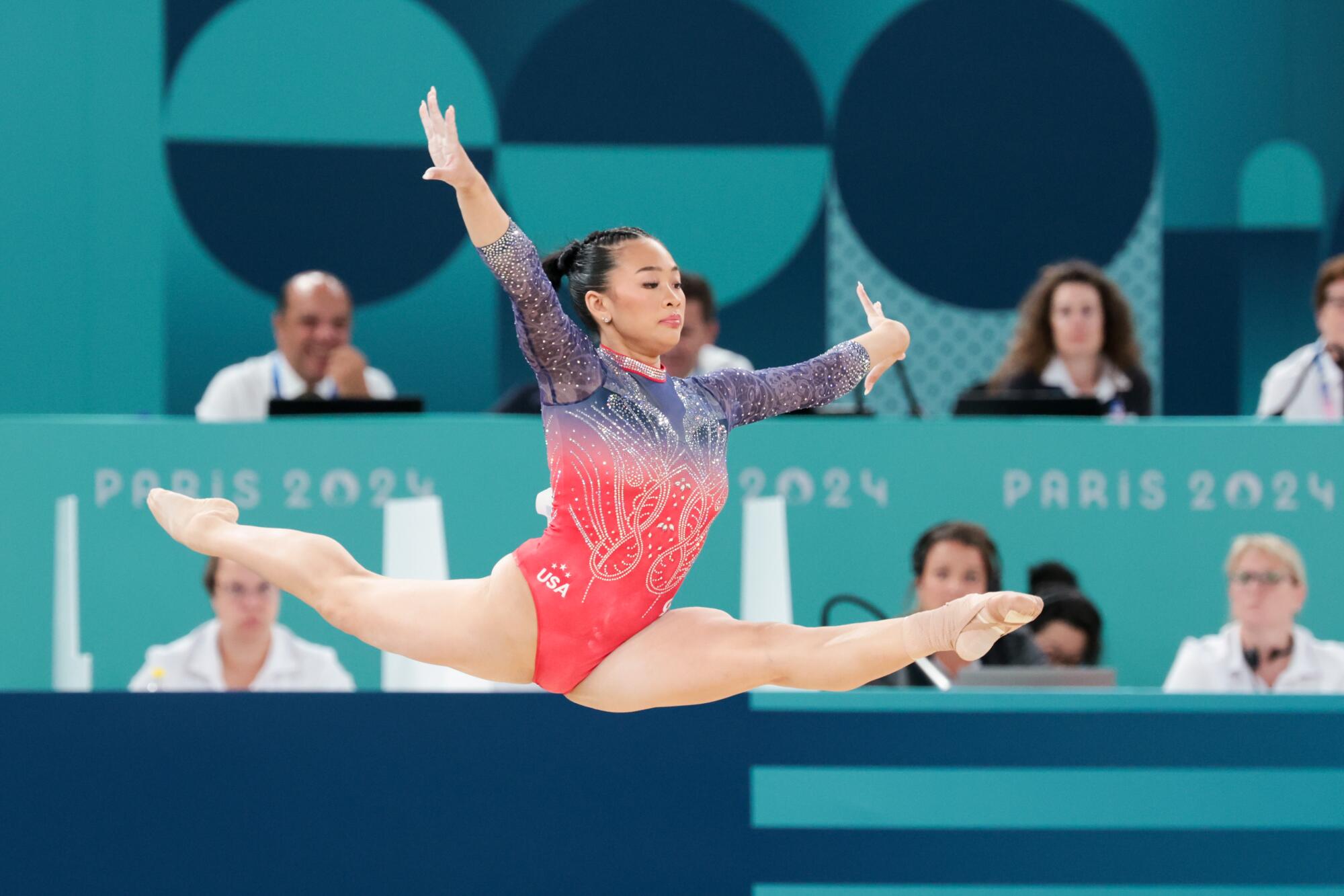 U.S. gymnast Suni Lee competes in the floor exercise in the all-around competition at the Paris Olympics.