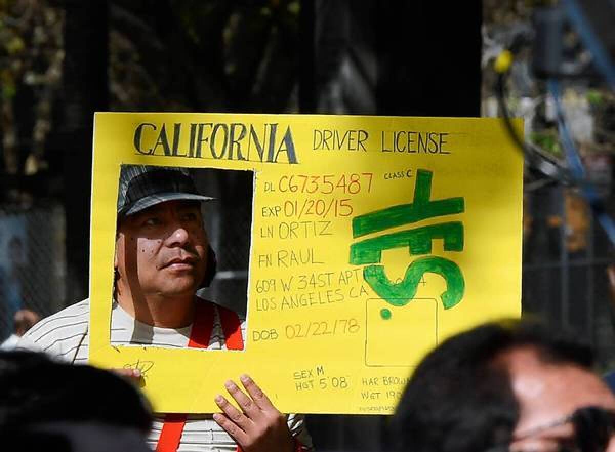 Raul Ortega holds a sign as he celebrates after Gov. Jerry Brown signed a measure allowing people in the country illegally to obtain driver's licenses.