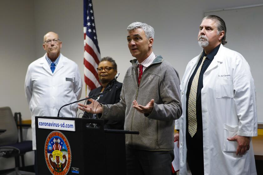 During a press conference held late Monday at the San Diego Health Services Complex, Eric McDonald was among the group of County Public Health Officials who answered questions from news reporters. During the press conference Wilma Wooten confirmed the first presumptive positive COVID-19 test in San Diego County. Left to right, Brett Austin (Laboratory Director, San Diego County Public Health), Wilma Wooten (Public Health Officer, County of San Diego Health and Human Services Agency), Eric McDonald (Medical Director, Epidemiology & Immunizations Services, County of San Diego) and Nick Yphantides (Chief Medical Health Officer, San Diego County).