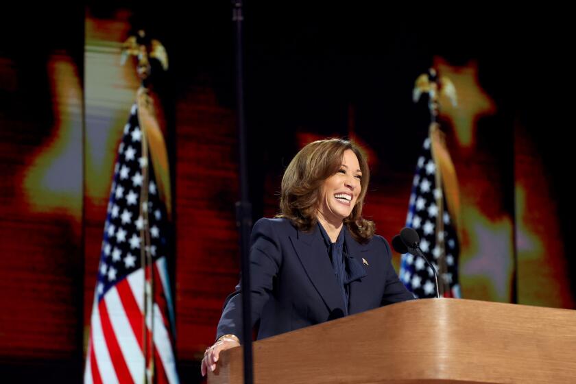 CHICAGO, IL AUGUST 22, 2024 - Democratic presidential nominee Vice President Kamala Harris speaks during the Democratic National Convention Thursday, Aug. 22, 2024, in Chicago, IL. (Robert Gauthier/Los Angeles Times)