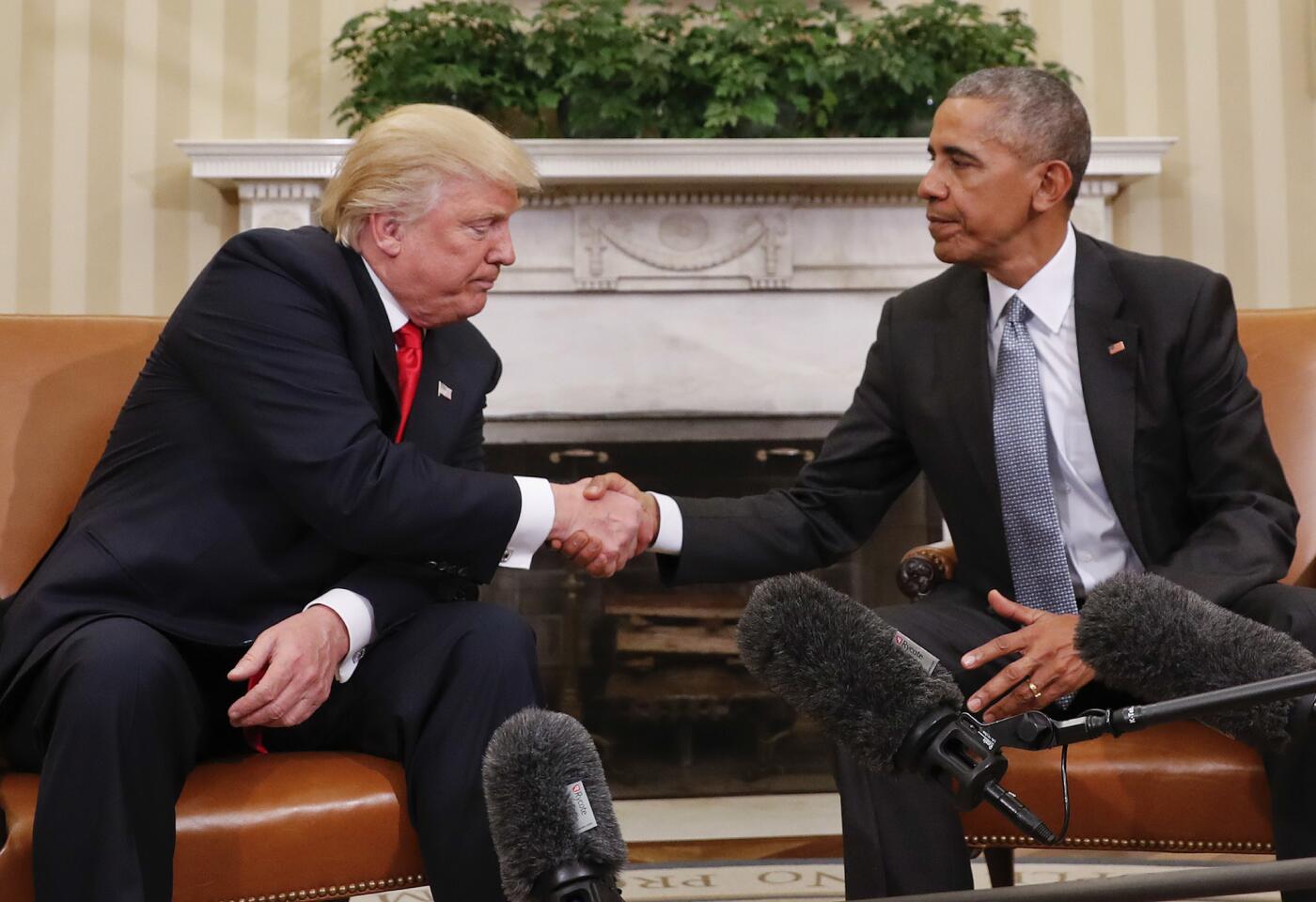 President Barack Obama and President-elect Donald Trump shake hands following their meeting in the Oval Office of the White House on Nov. 10, 2016.