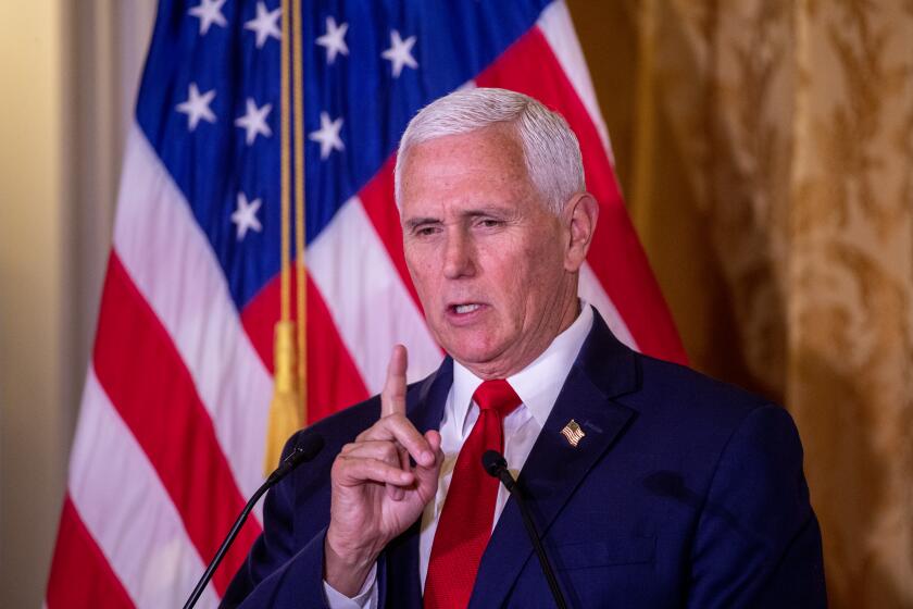 Yorba Linda, CA - April 19: Former Vice President Mike Pence, who is considering running for president next year, speaks at the Nixon National Energy Conference at The Richard Nixon Presidential Library and Museum in Yorba Linda Wednesday, April 19, 2023. (Allen J. Schaben / Los Angeles Times)