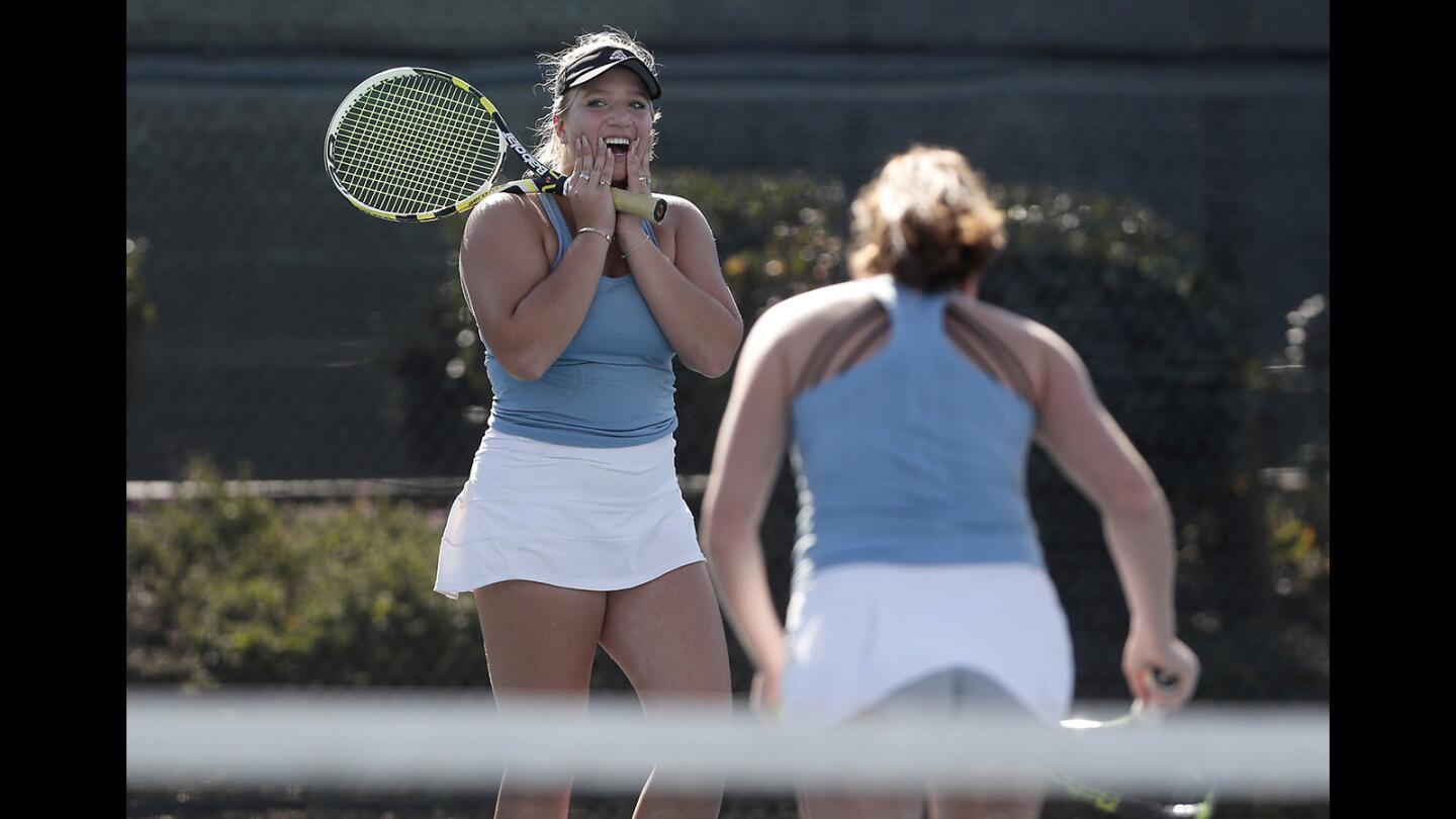 Corona del Mar's Kristina Evloeva and Roxy MacKenzie in the semifinals of the CIF Southern Section Individuals doubles tournament