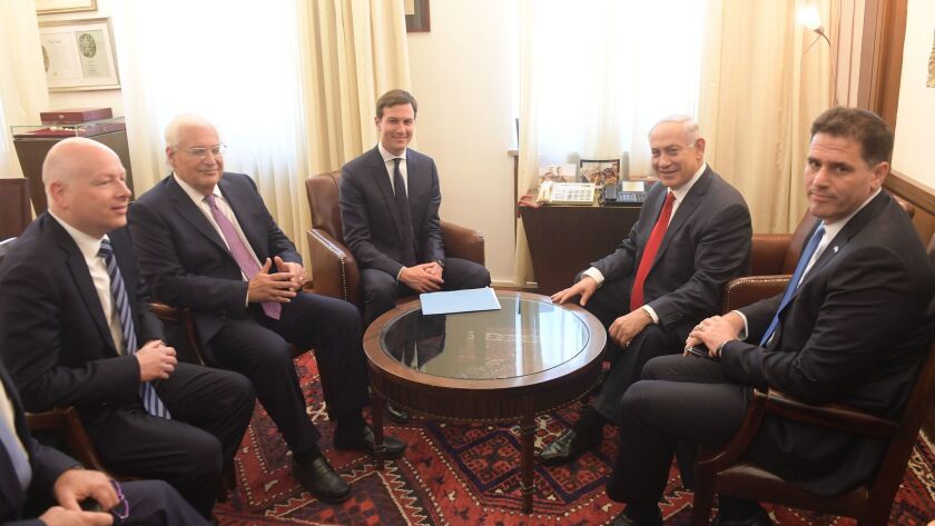 Israeli Prime Minister Benjamin Netanyahu, second from right, meets with Jared Kushner, center, on June 21, 2017, in Jerusalem along with other U.S. officials.