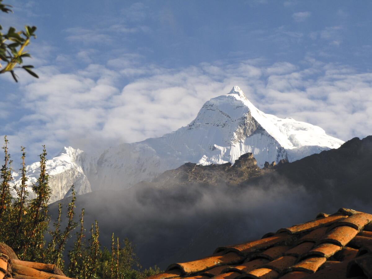 A view of the snow capped Huascaran mountain in the Andes. 