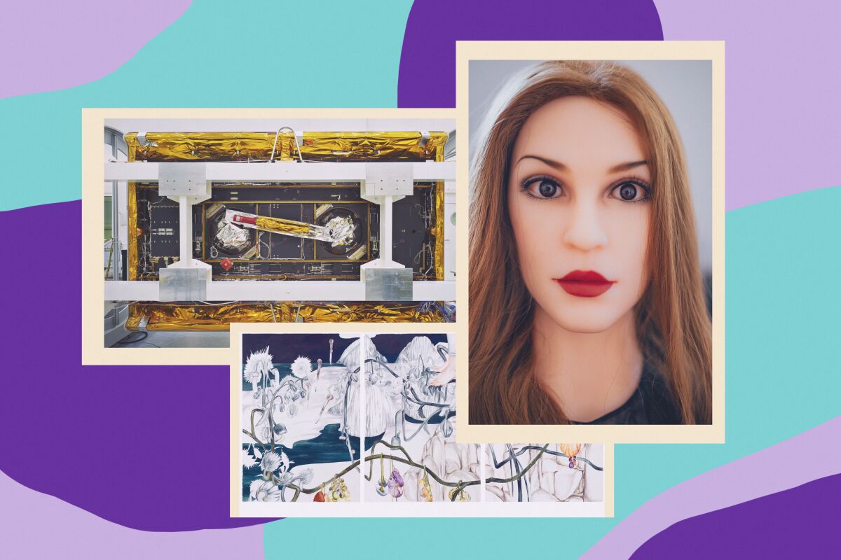 Two abstract pieces of art and a photo of a woman's face are arranged in a collage over a colorful background.
