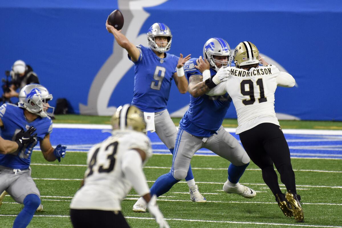 Detroit Lions quarterback Matthew Stafford throws against the New Orleans Saints on Oct. 4.