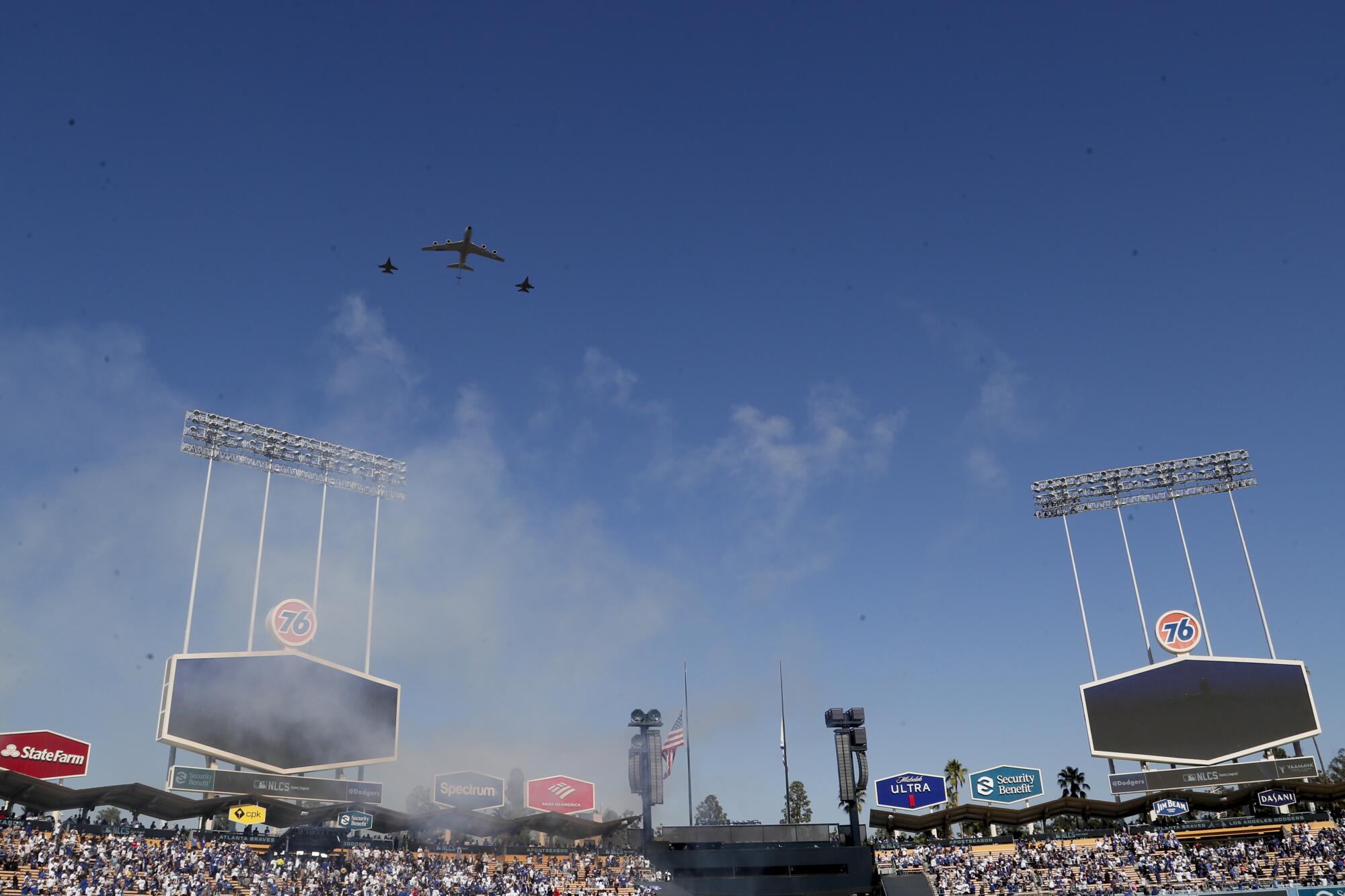 A flyover before Game 3 at Dodger Stadium.