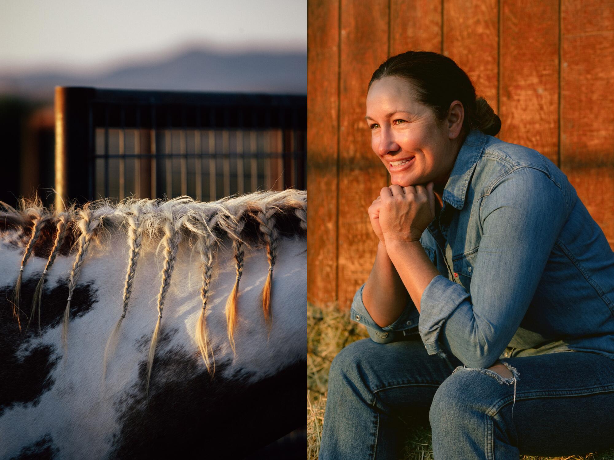 Two photos of a close up horse's mane with braids in it, left, and a portrait of a seated woman at sunset, right.