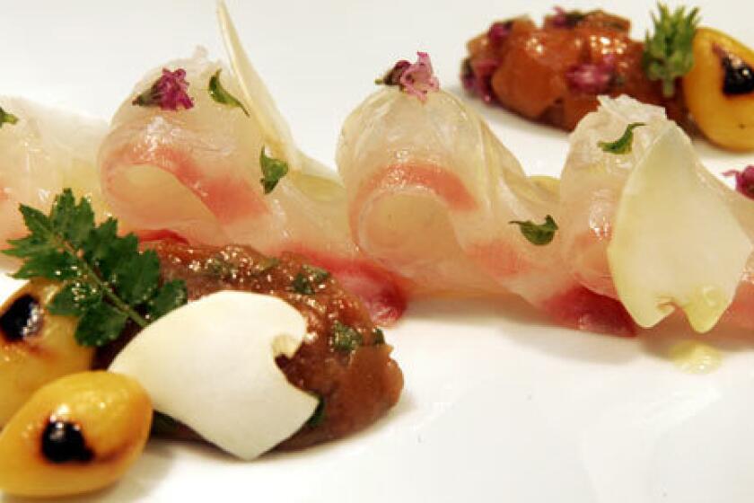 The dish Thai snapper sashimi with umeboshi quenelle.