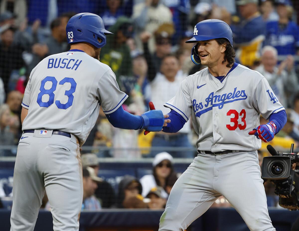 Dodgers center fielder James Outman, right, celebrates with Michael Busch after hitting a two-run home run.