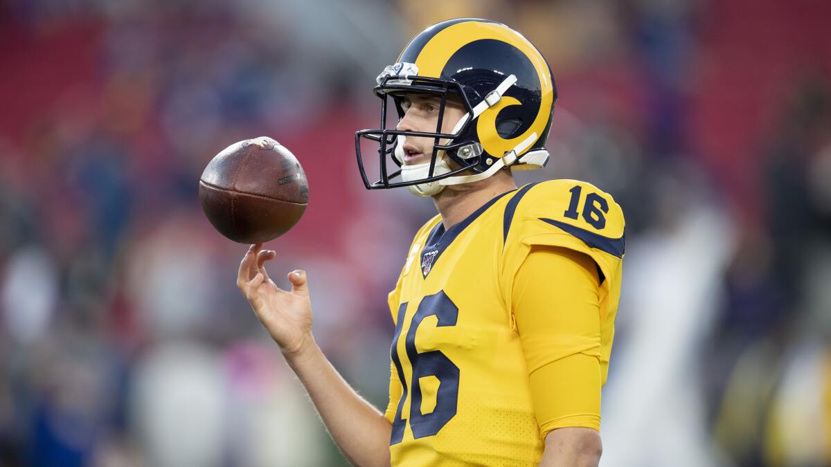 Los Angeles Rams quarterback Jared Goff warms up before an NFL football game against the Baltimore Ravens Monday, Nov. 25, 2019, in Los Angeles. (AP Photo/Kyusung Gong)