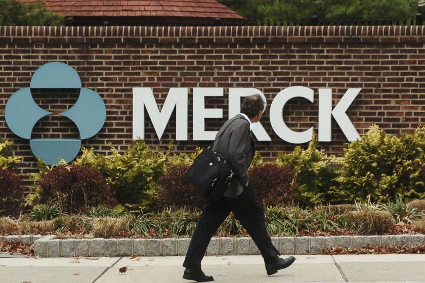 RAHWAY, NJ - NOVEMBER 29: File photo A view of a sign for Merck & Co. at the company's complex in Rahway, New Jersey, USA, November 29, 2005. Merck & Co. is announced that it is buying Schering-Plough Corp. for $41.1 billion in stock and cash, a deal spawned by the difficult economic climate being faced by the drug industry. (Photo by Marko Georgiev/Getty Images) ORG XMIT: CHI0903091528116688