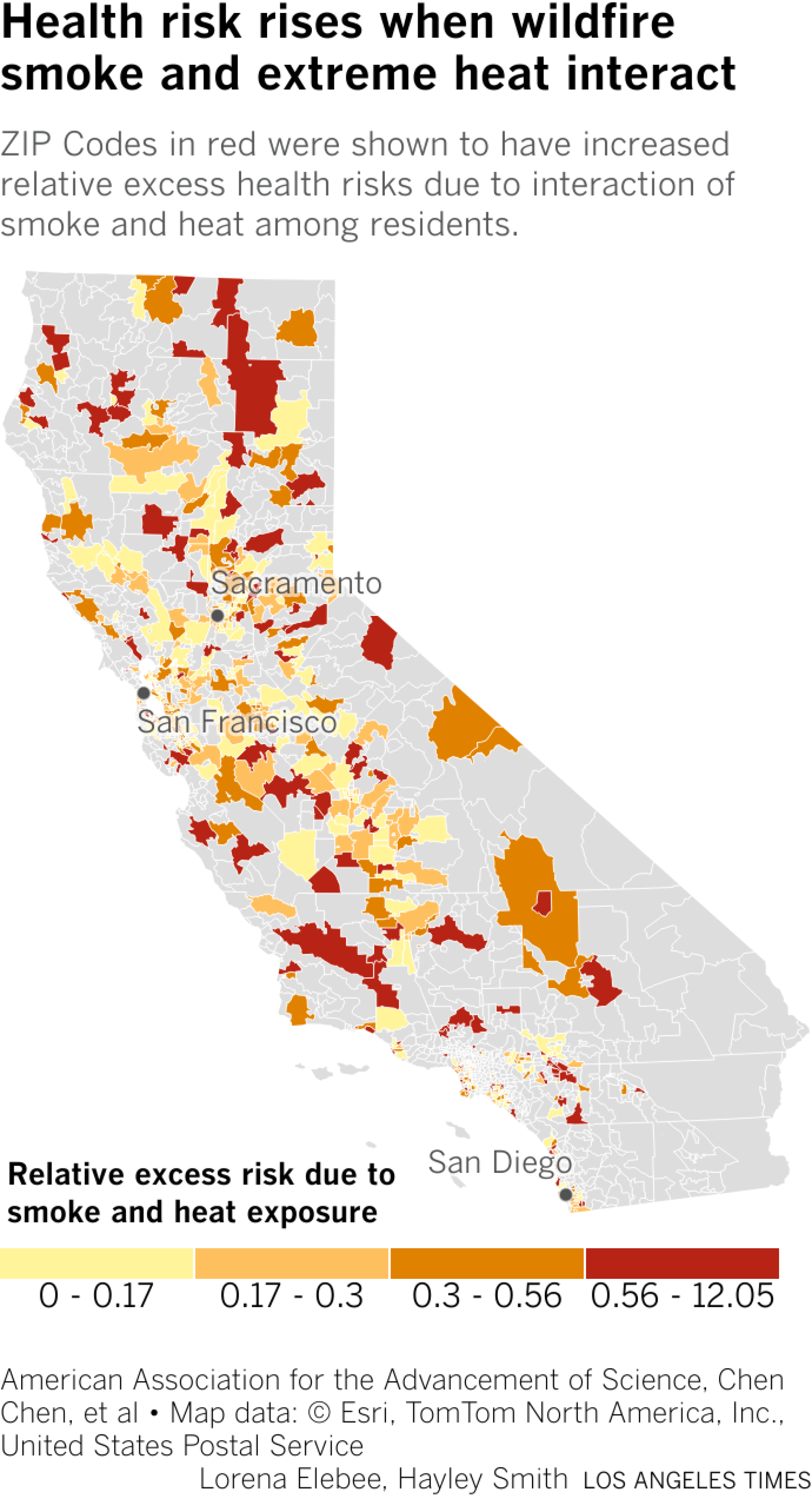 Map of California showing low to high health risk areas by zip code due to exposure to heat and wildfire smoke.