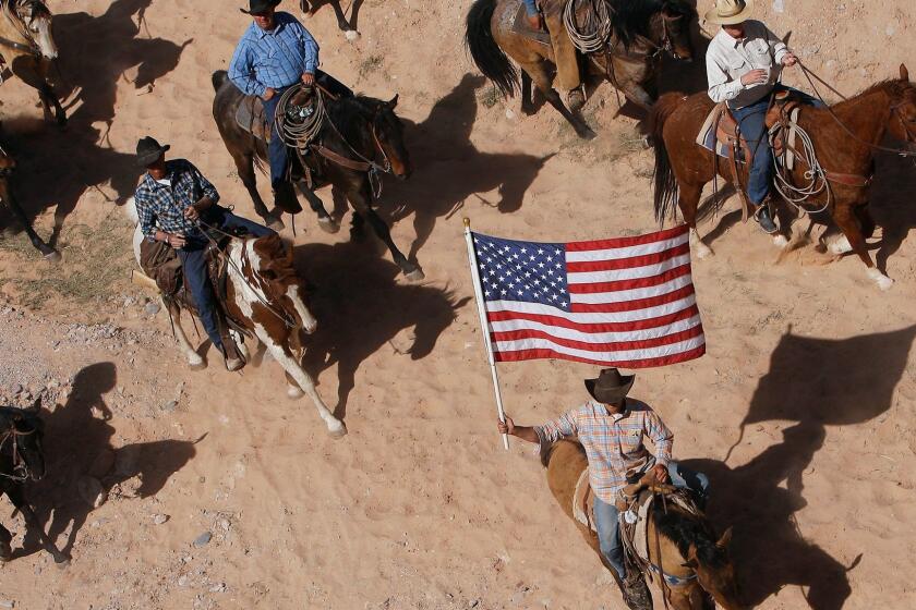 FILE - In this April 12, 2014, file photo, the Bundy family and their supporters fly the American flag as their cattle is released by the Bureau of Land Management back onto public land outside of Bunkerville, Nev. The trial starting Monday, Oct. 30, 2017, for 71-year-old Cliven Bundy, sons Ryan and Ammon Bundy, and Ryan Payne of Montana alleges that they led a self-styled militia to prevent the U.S. Bureau of Land Management from enforcing court orders to stop Bundy cattle from grazing in what is now Gold Butte National Monument. (Jason Bean/Las Vegas Review-Journal, via AP, File)