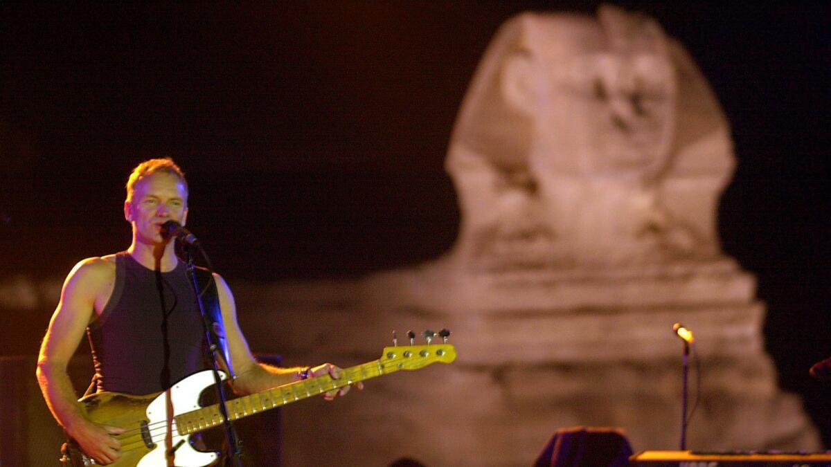 Sting at a concert in front of the Sphinx of Giza in 2001.