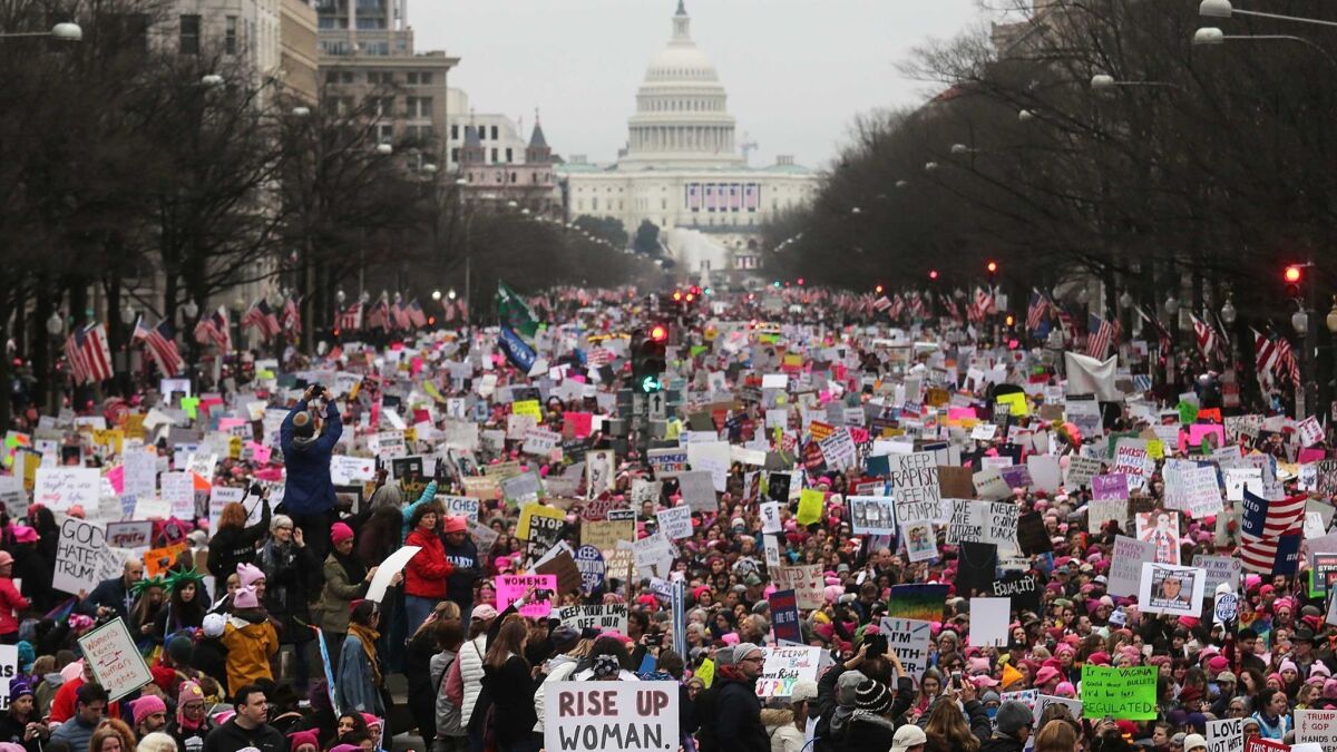Protesters walk during the Women's March on Washington on Jan. 21, 2017.