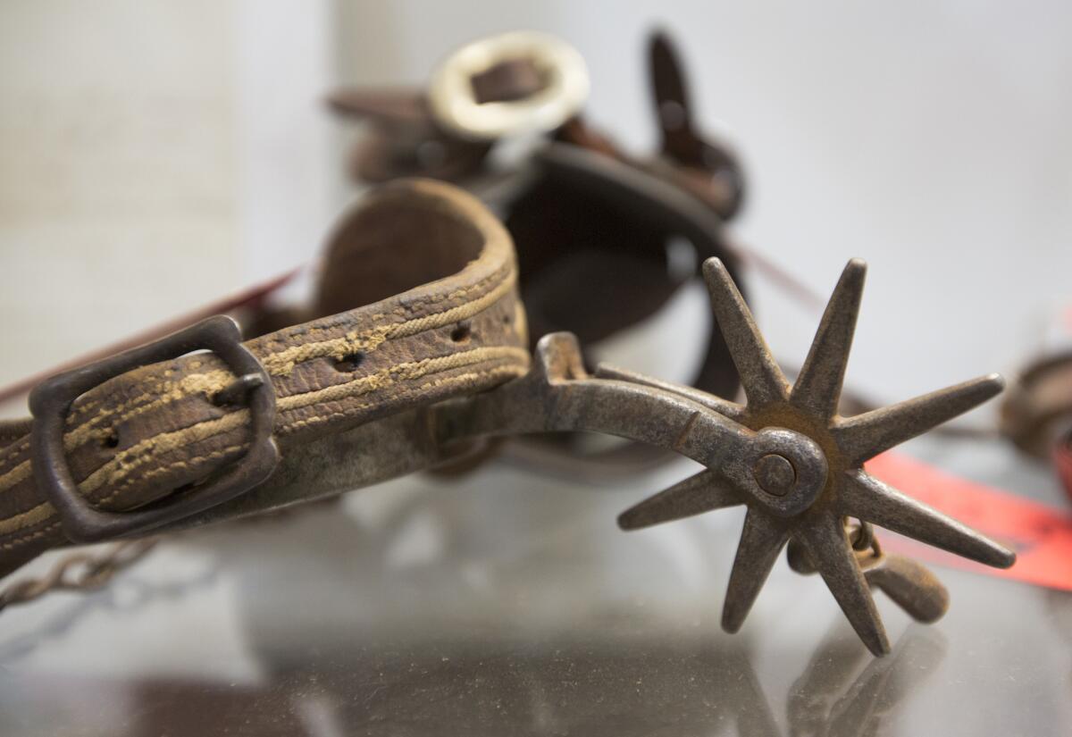 A spur appears on display at the Wild West auction in Harrisburg, Pa. Approximately 8,000 items are up for sale.