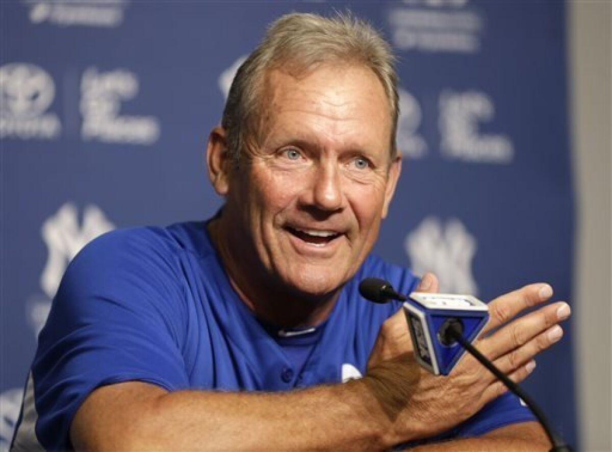 FILE - In this July 9, 2013 file photo, Kansas City Royals interim hitting coach and Hall of Famer George Brett discusses the pine tar game in which Brett was called out for using a bat on which pine tar exceeded the 18-inch limit, during a news conference at Yankee Stadium in New York. The 30th anniversary of the game is Thursday, July 24, 2013. (AP Photo/Kathy Willens)