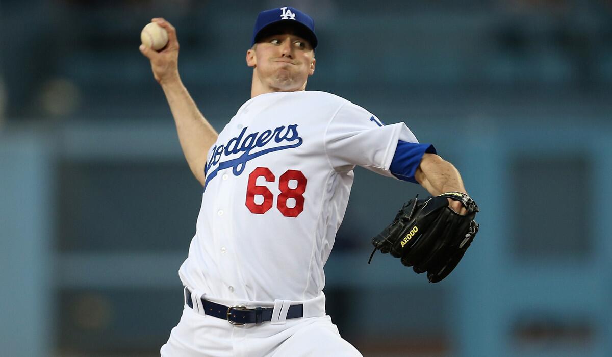 Dodgers starting pitcher Ross Stripling throws a pitch against the Arizona Diamondbacks at Dodger Stadium on April 14.