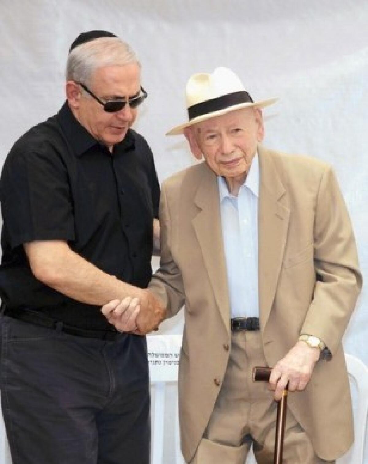Israeli Prime Minister Benjamin Netanyahu, left, with his father, Ben-Zion Netanyahu. Many attribute the prime minister's deep convictions and interest in history to his father's unwavering hawkish beliefs.