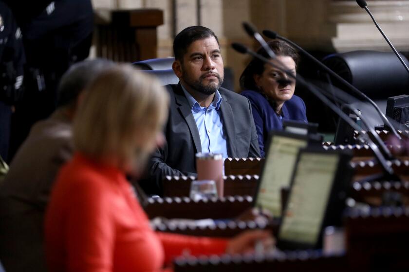 LOS ANGELES, CA - JANUARY 11: Councilmember Hugo Soto-Martinez (district 13) at the Los Angeles City Council meeting at Los Angeles City Hall on Wednesday, Jan. 11, 2023 in Los Angeles, CA. (Gary Coronado / Los Angeles Times)