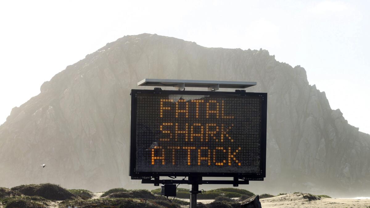 A sign with the words FATAL SHARK ATTACK near a beach