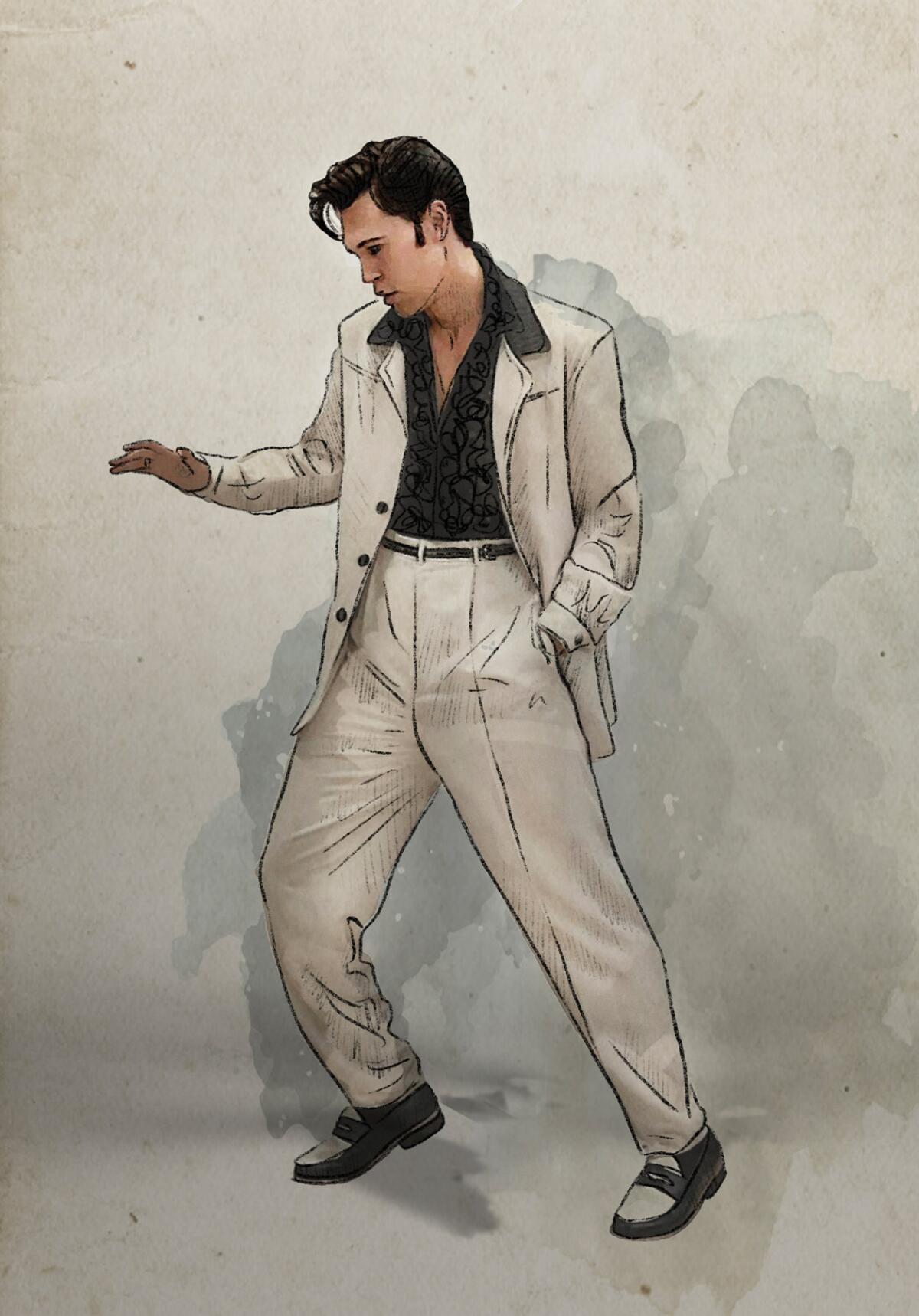 A costume sketch of Elvis in a white suit and black shirt.