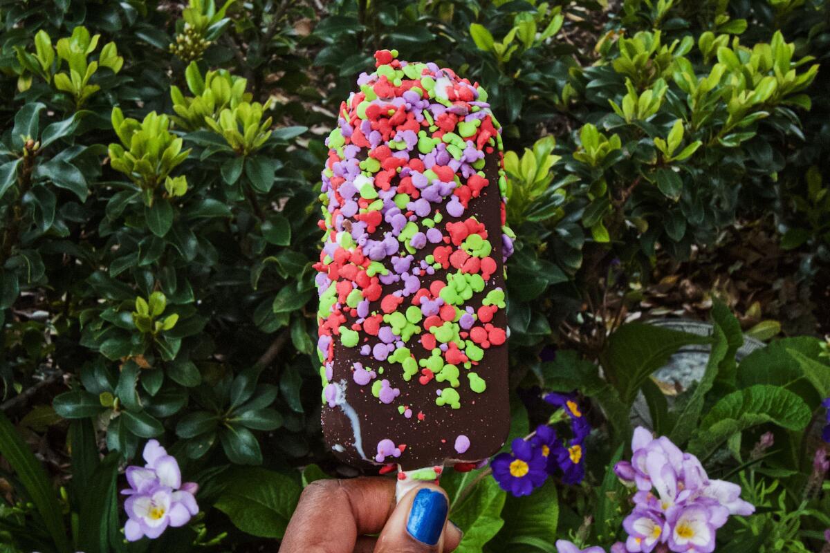 A hand holds a hand-dipped dark chocolate ice cream bar covered in rainbow Mickey-shaped sprinkles against greenery.